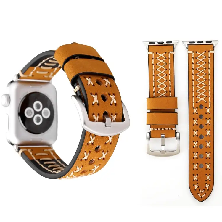 Stitched Pattern Genuine Leather Wrist Watch Band for Watch Ultra 49 mm & Ultra 2 49 mm / Series 10 46 mm / 9 & 8 & 7 45 mm / SE 3 & SE 2 & 6 & SE & 5 & 4 44 mm / 3 & 2 & 1 42 mm - Khaki