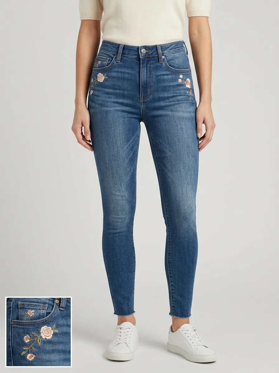 Women's Ridge Floral Rose Embroidered Printed Slim Jeans