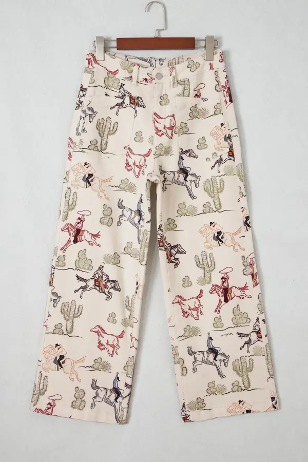 Women's Western Print Straight Leg Ankle Length Pocket Jeans