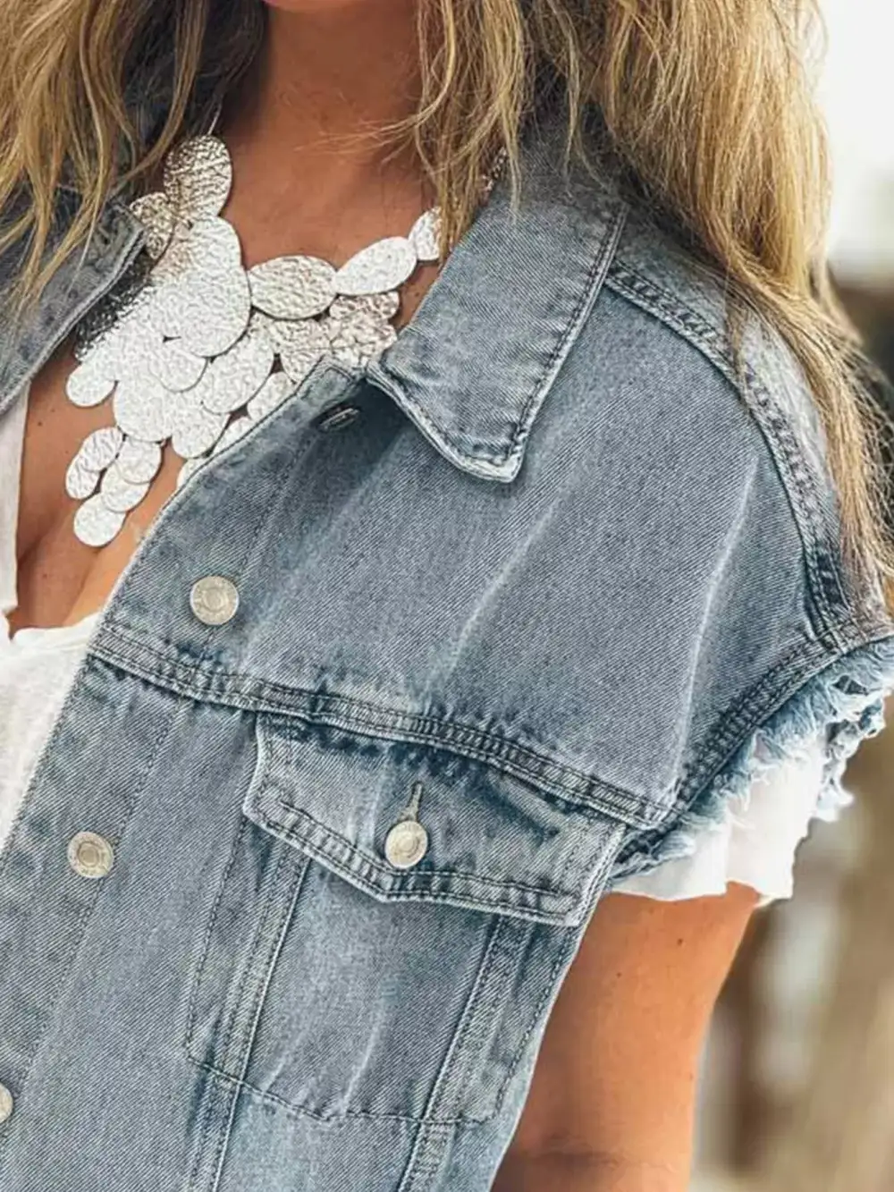 Button Flap Pocket Frayed Detail Vest