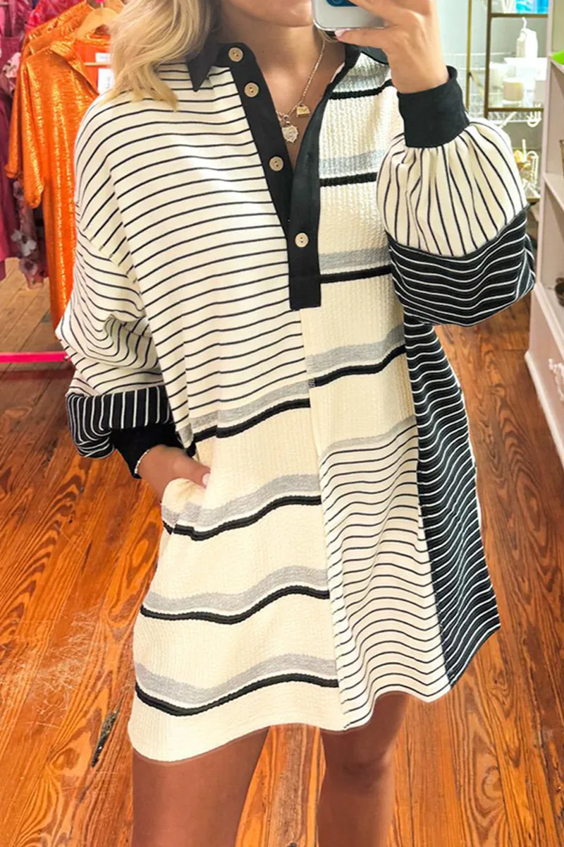 Stripe Colorblock Knit Henley Collar Shift Long Sleeve Mini Dress