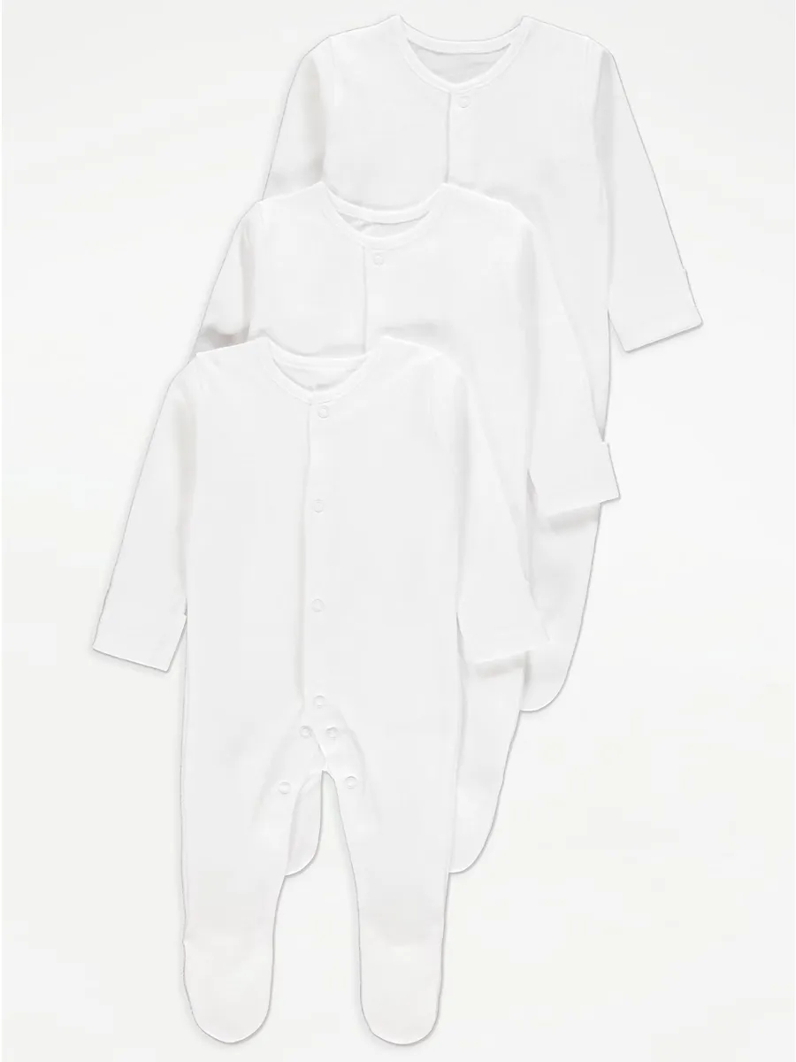 White Long Sleeve Sleepsuits 3 Pack