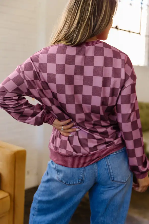 Women's Checkered Ribbed Long Sleeve Pullover Top