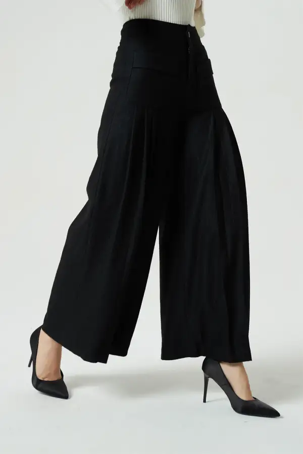 Structured Wool Blend Palazzo Wide Leg High Waist Pleated Trousers