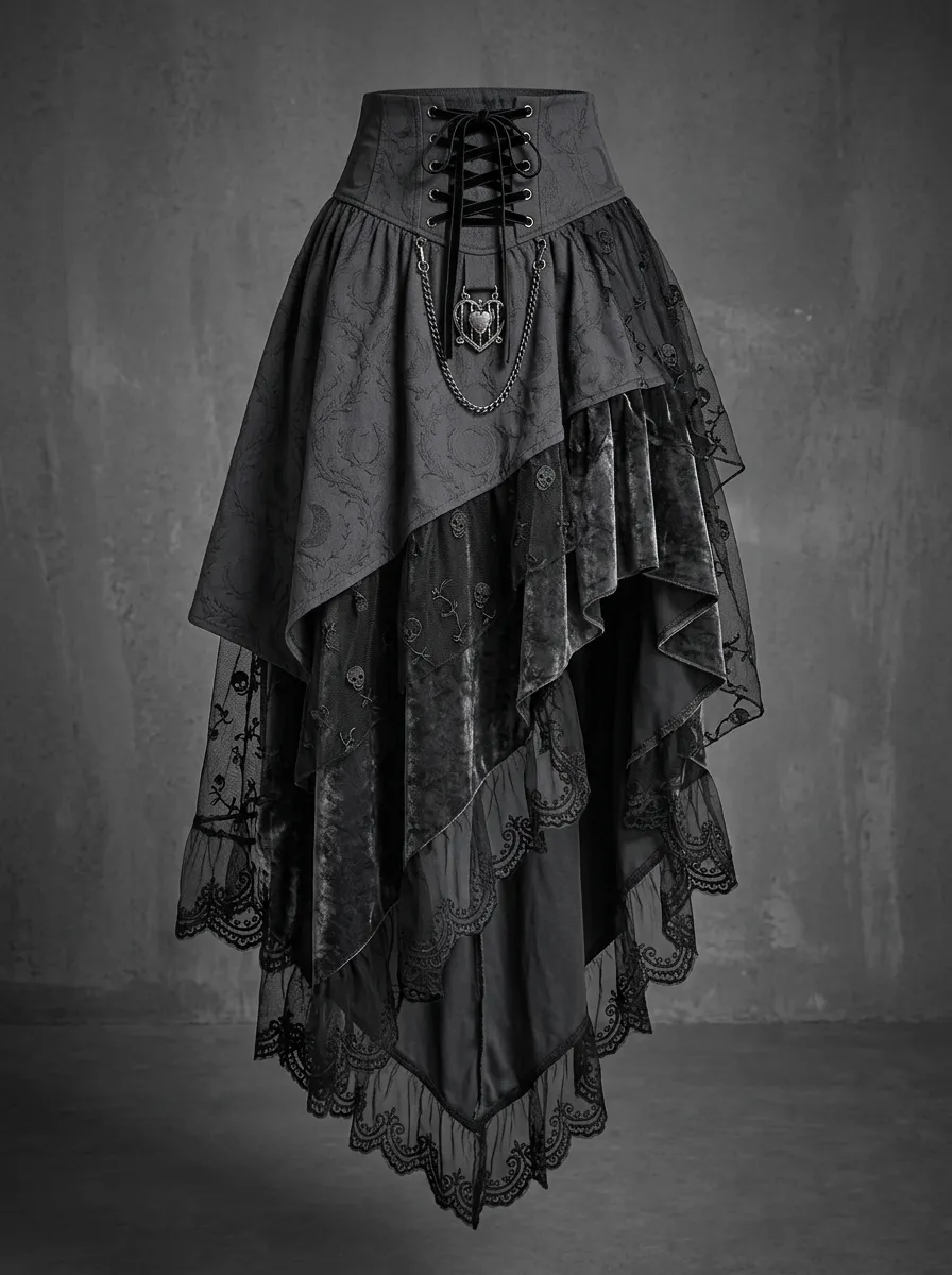 Noir Skull Lace Velvet Darkwear Style Women's Gothic High-Low Skirt