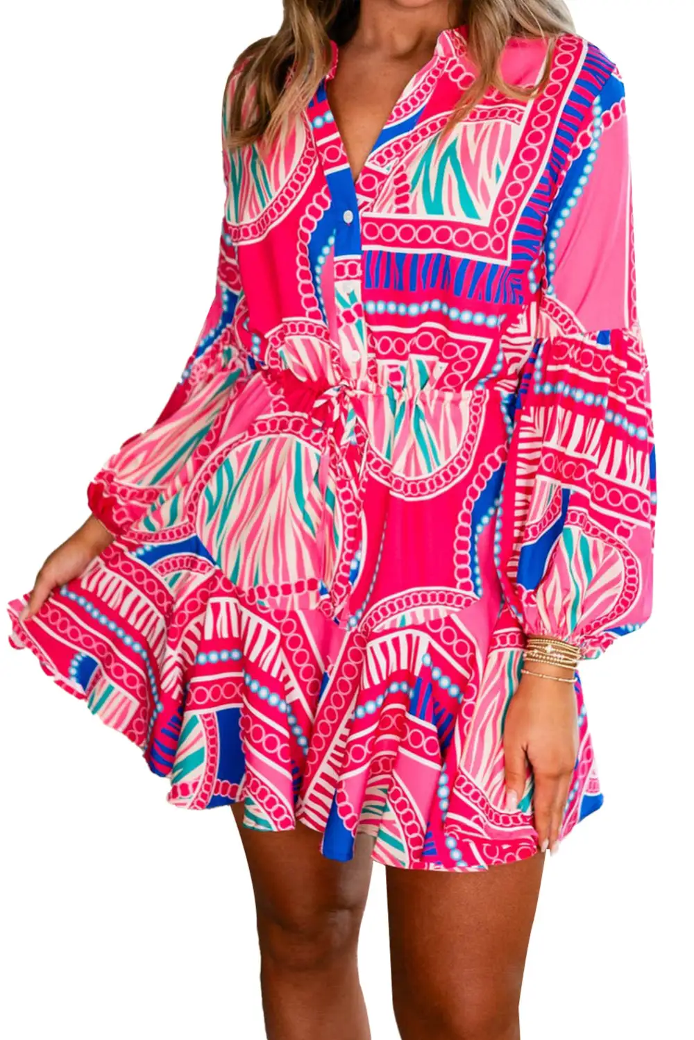Abstract Print Drawstring Ruffle Mini Dress