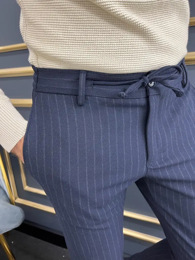 Rope Detail Slim Fit Striped Tailored Trousers