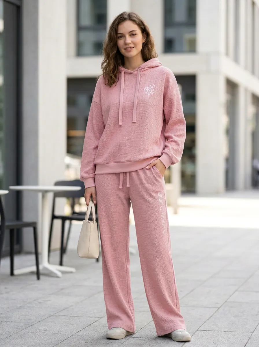Women's Minimalist Floral Line Art Printed Waffle Knit Hoodie Sweatpants Set
