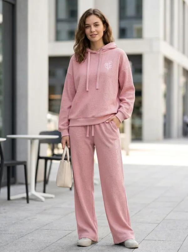 Women's Minimalist Floral Line Art Printed Waffle Knit Hoodie Sweatpants Set