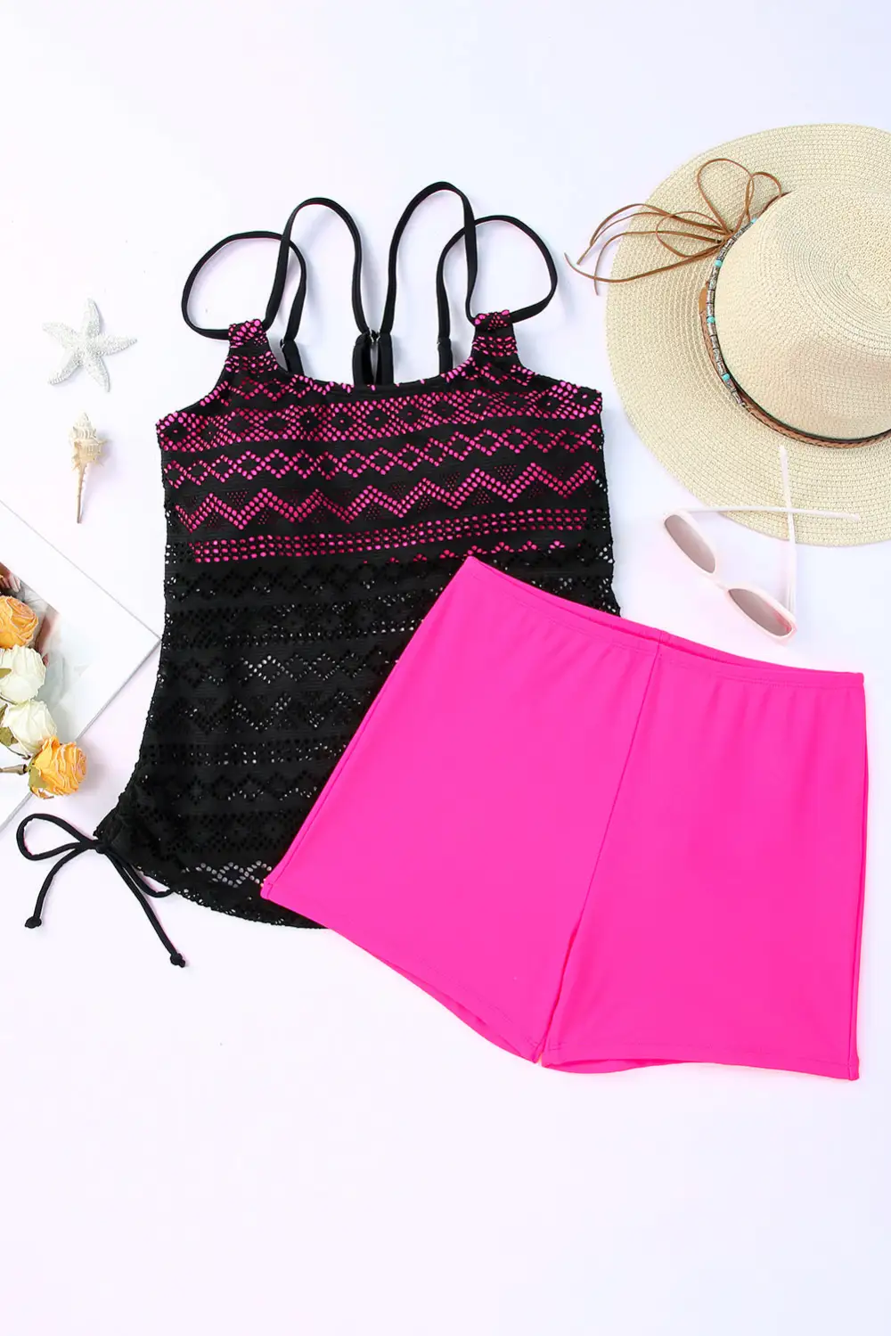 Swimwear Color Block Lace Drawstring Tie Tankini Set