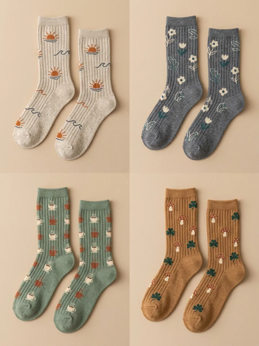 Women's Whimsical Nature Ribbed Crew Sock Set