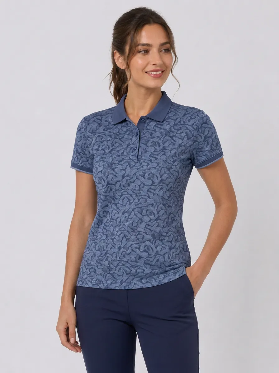 Women's Blue Abstract Pattern Printed Polo Shirt