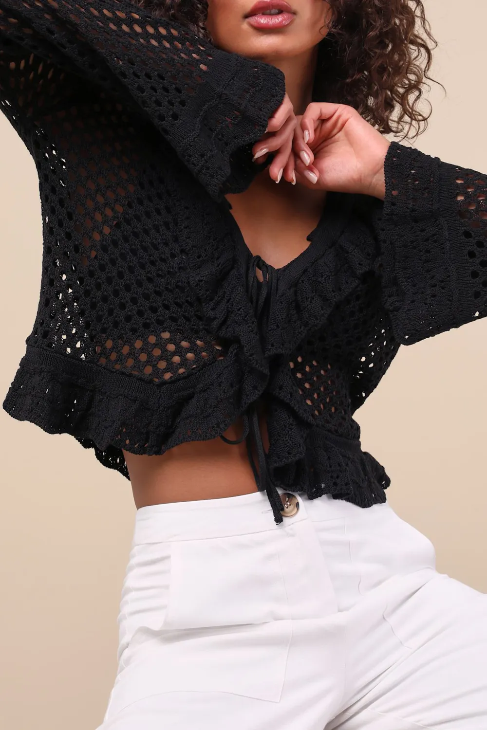 Cotton Knit Tie-Front Long Sleeve Top