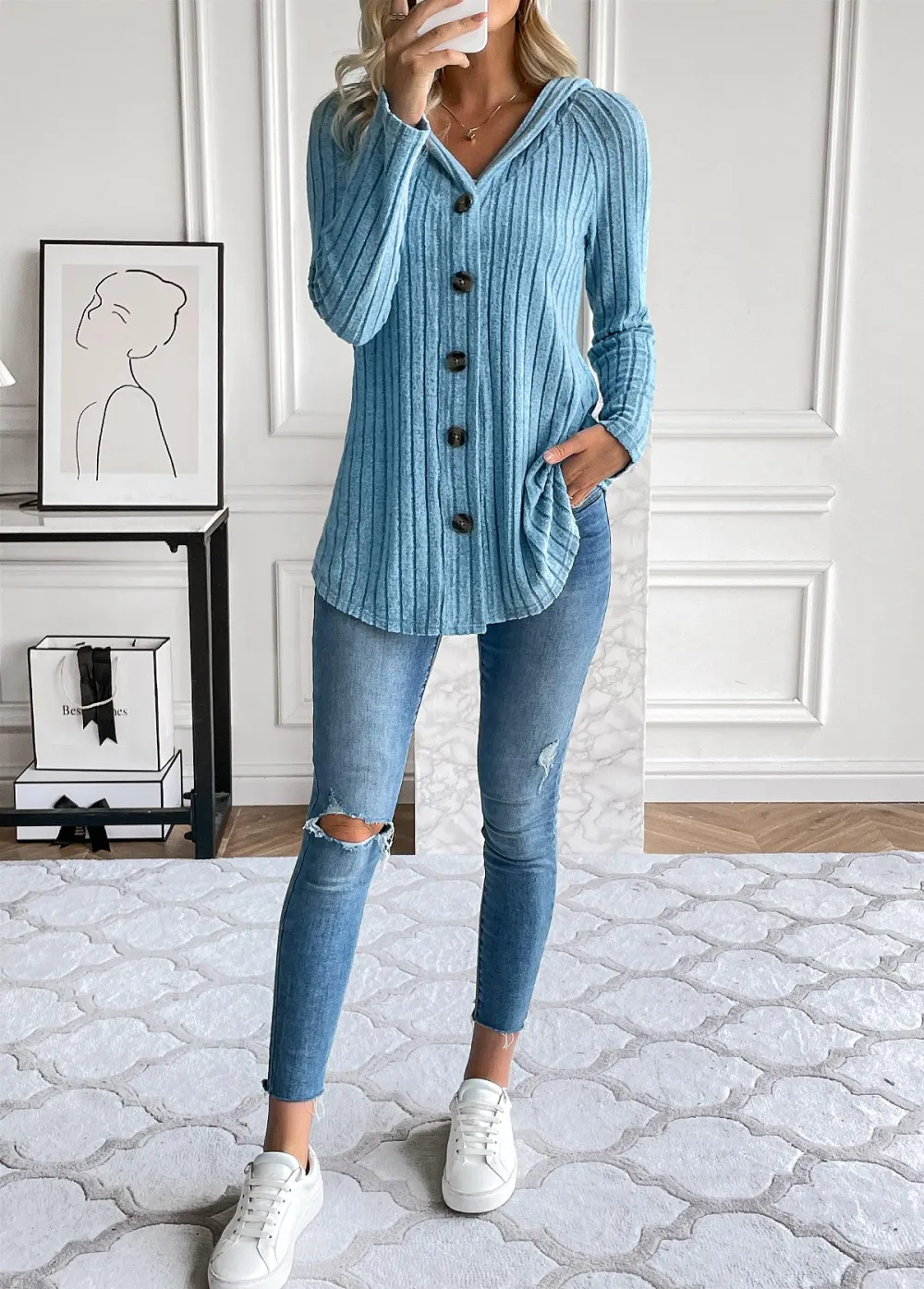 Dusty Blue Button Long Sleeve Hooded Coat