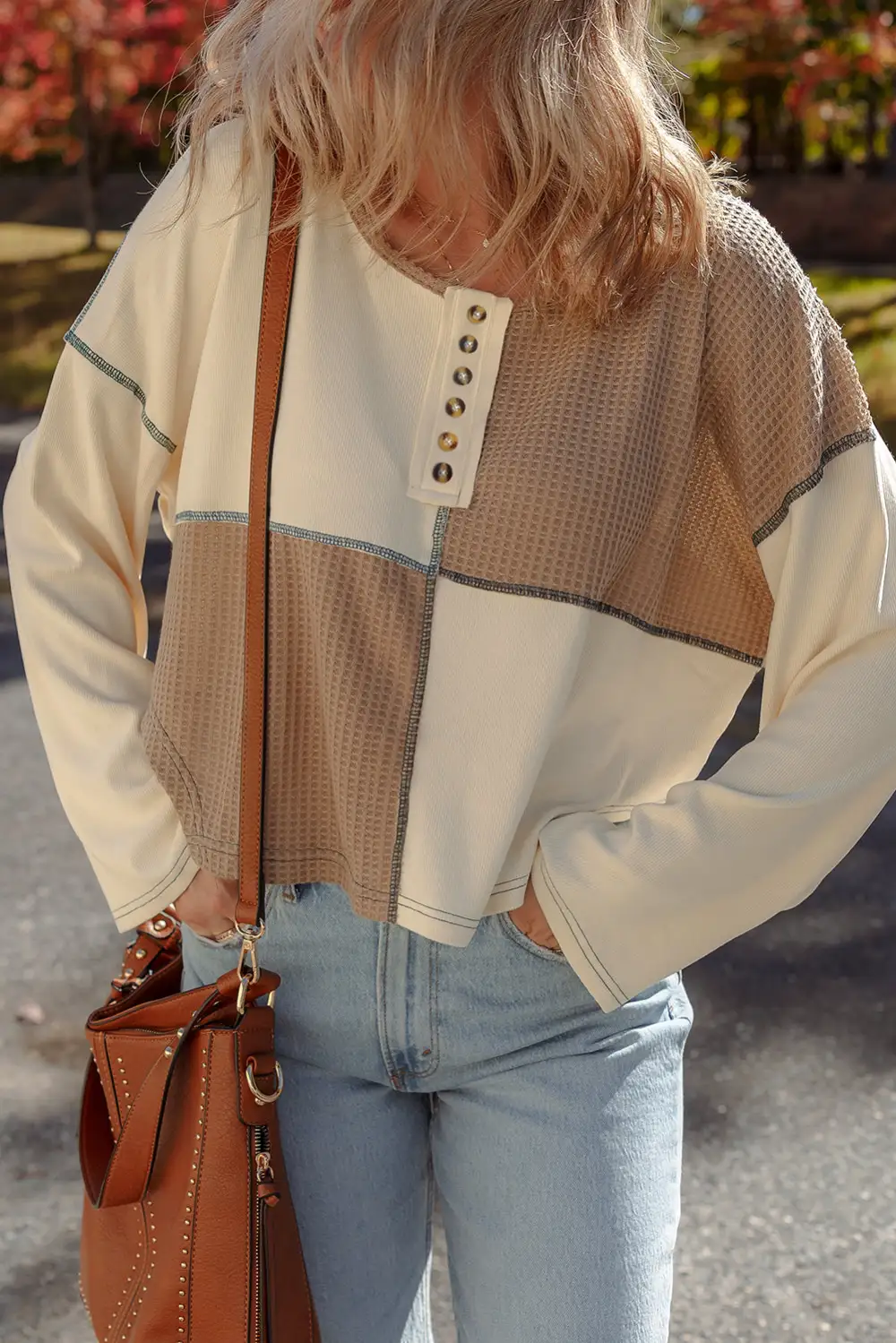 Women's Colorblock Waffle Knit Long Sleeve Top