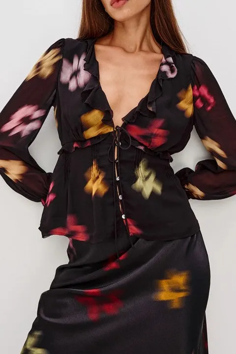 Women's Black Blurred Floral Ruffle Blouse