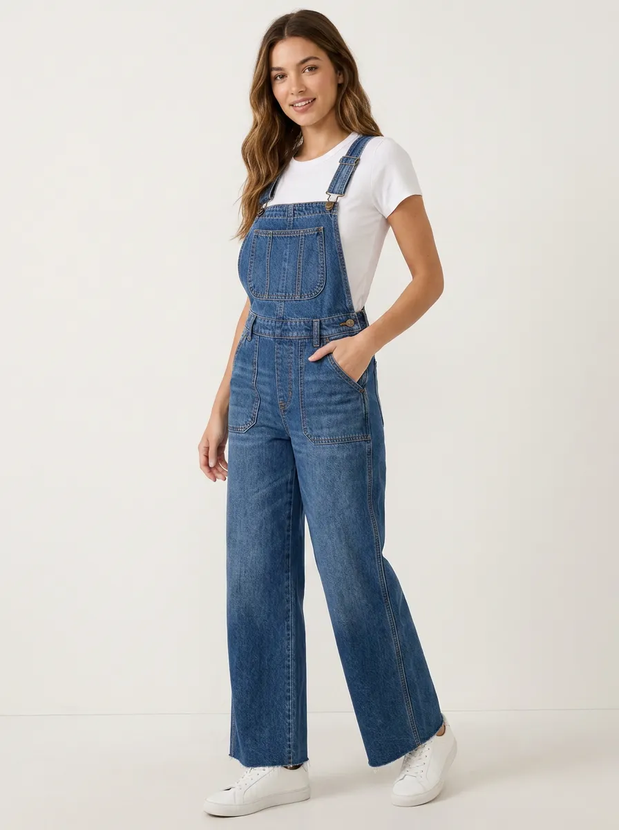 Women's Relaxed Wide-Leg Denim Dungarees