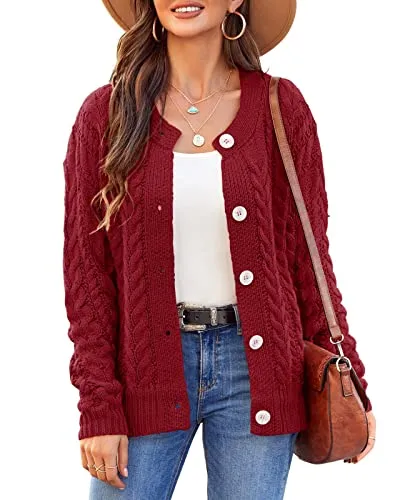 Women Loose Long Sleeve Crewneck Cable Knit Sweater Open Front Button Down Cardigan Soft Chunky Rid Outwear Coat