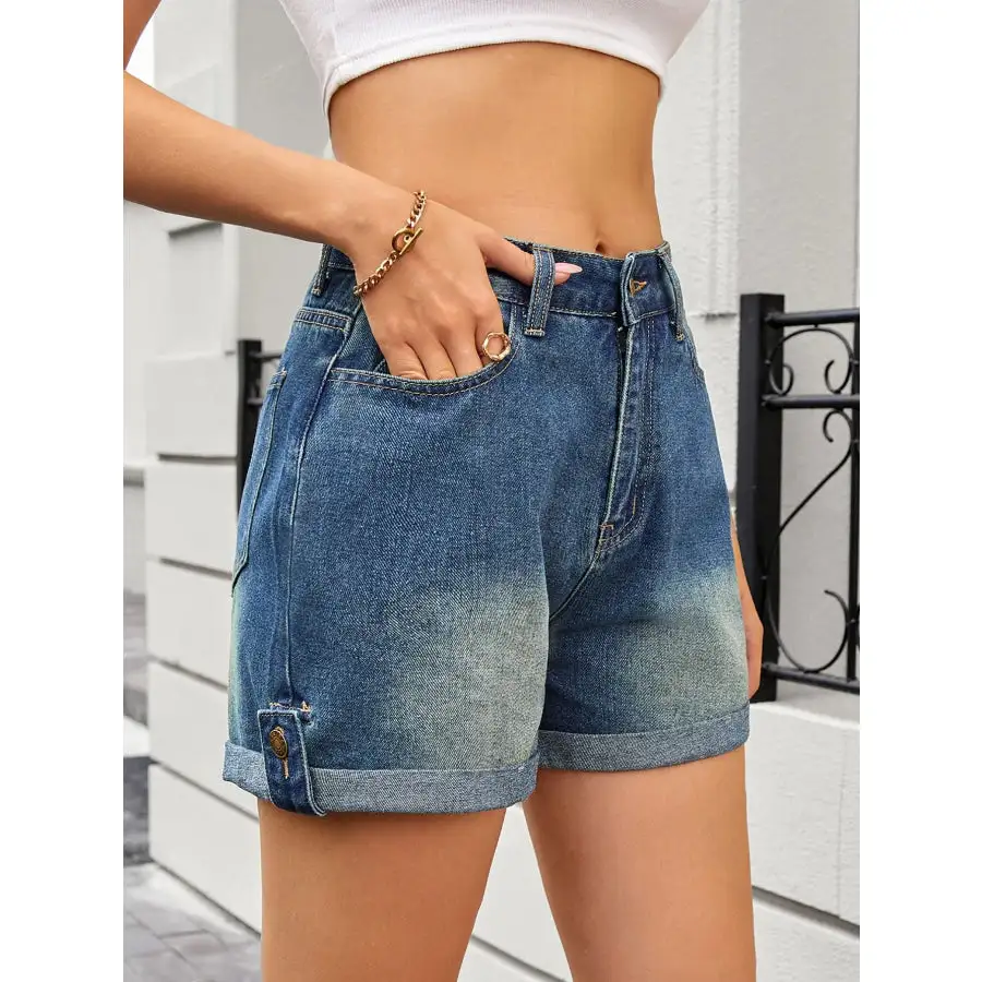 High Waist Rolled Hem Gradient Denim Shorts