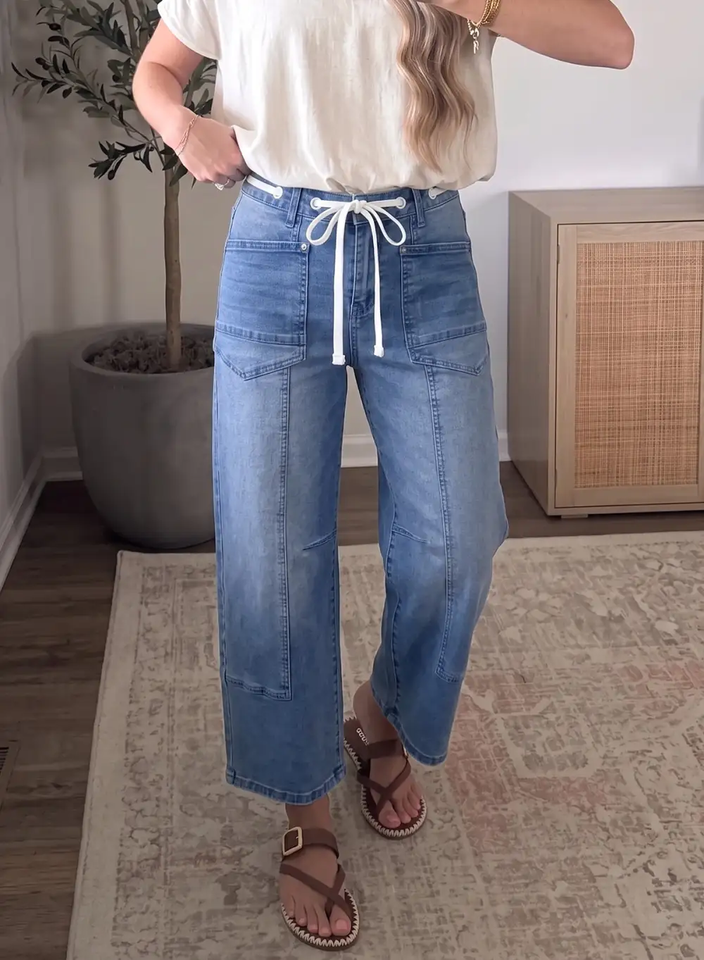 Women's Solid Patchwork Grommet Tie Waist Loose Ankle Length Jeans