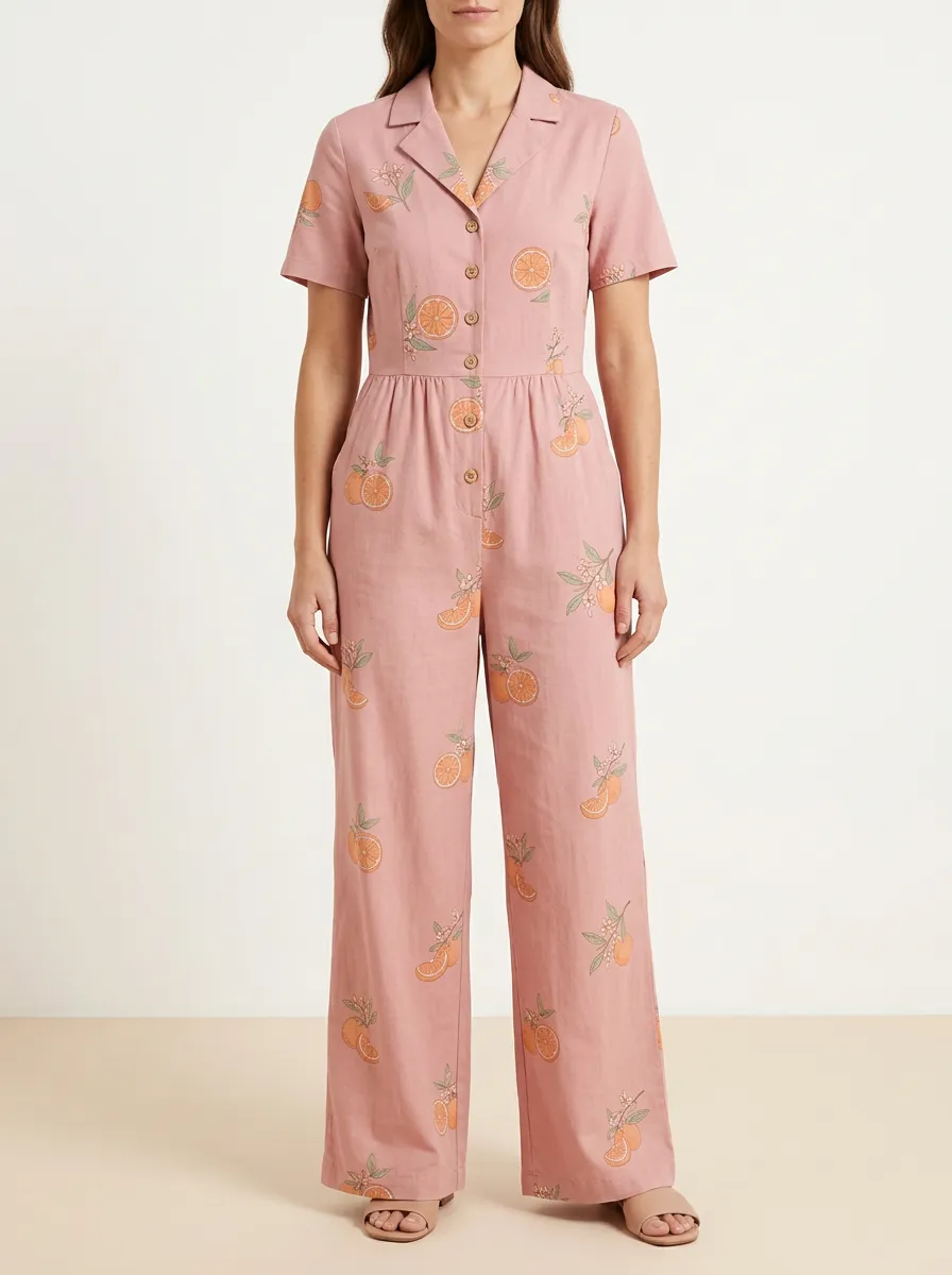 Women's Button-Front Graphic Relaxed-Fit Jumpsuit