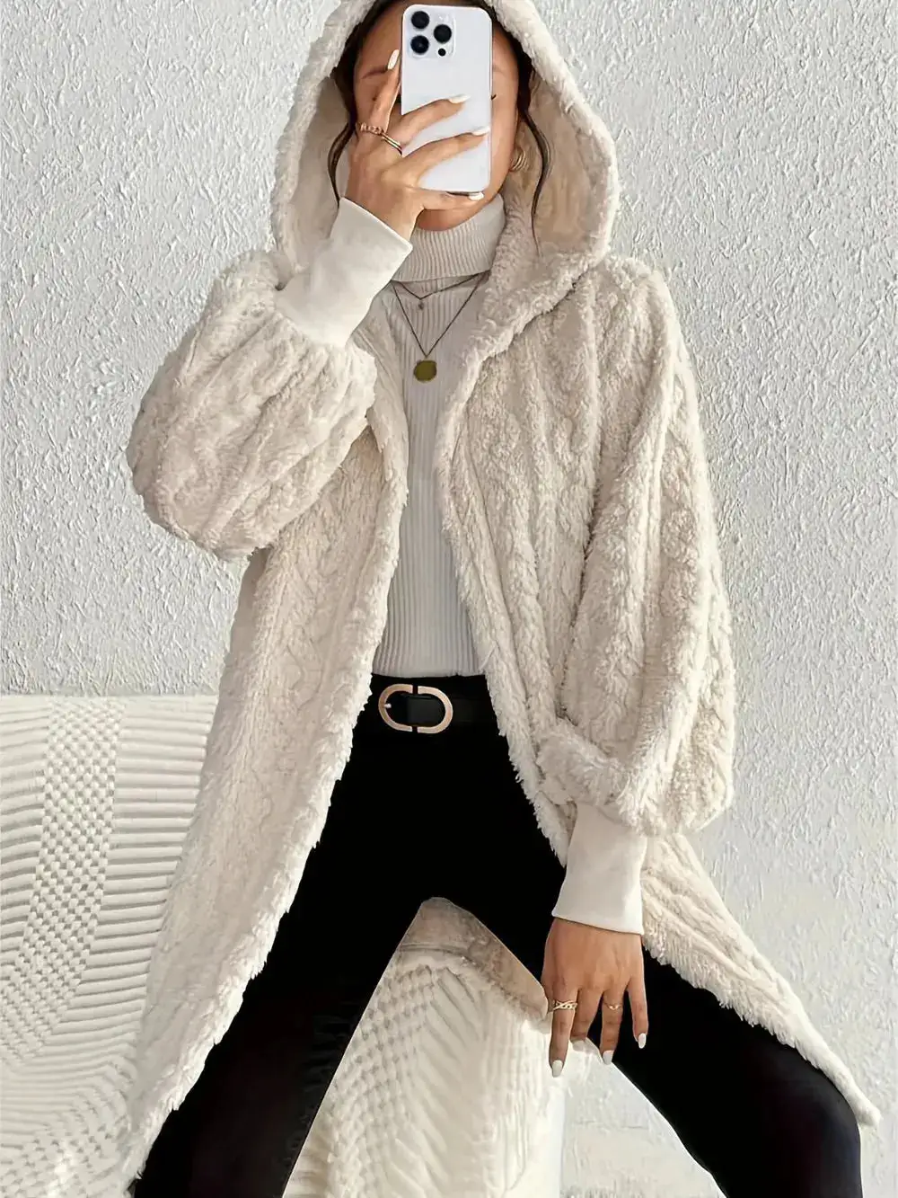 Plush Hooded Open Front Casual Jacket
