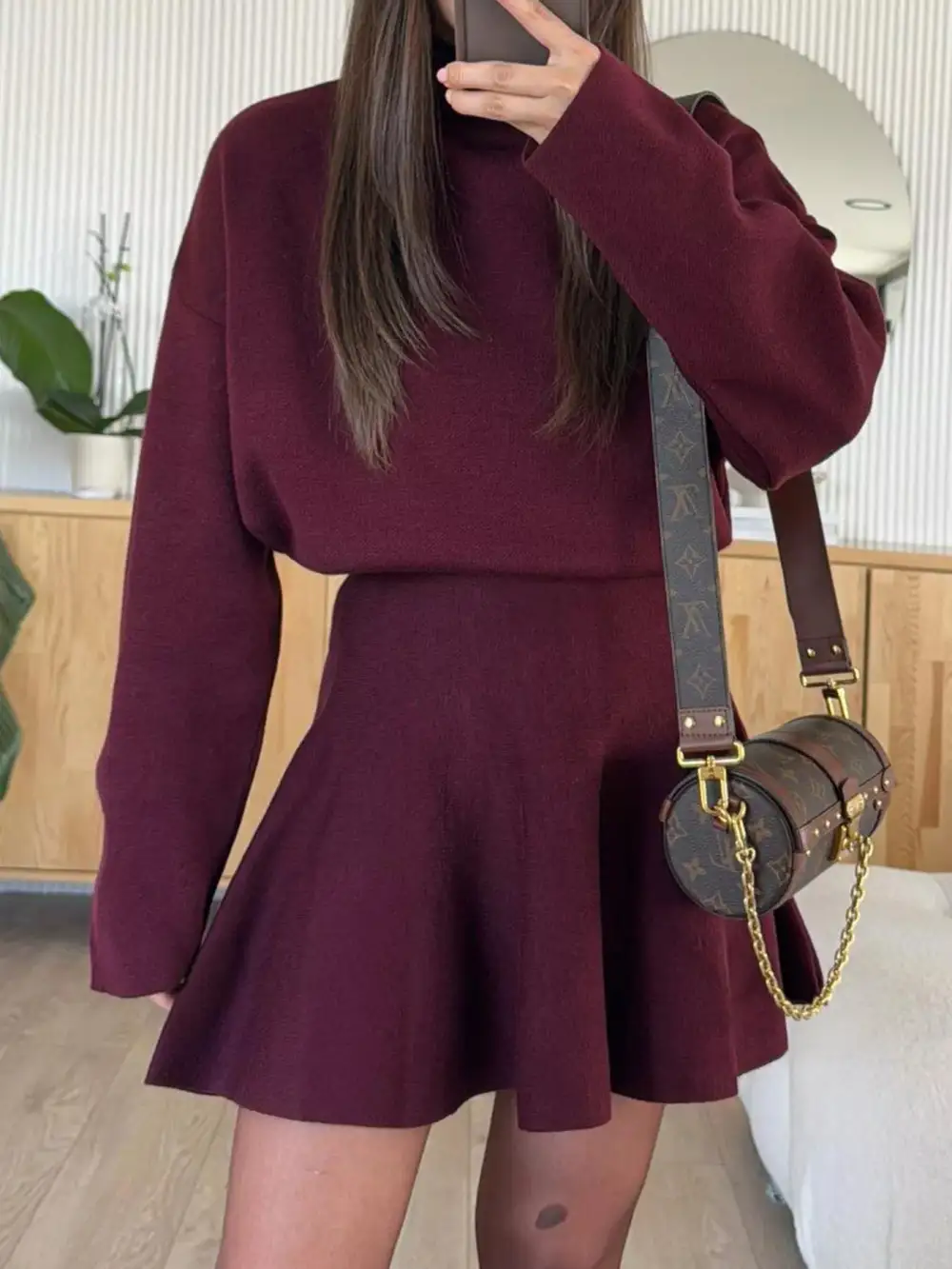 Structured Shape Round Neck Long Sleeve Mini Dress