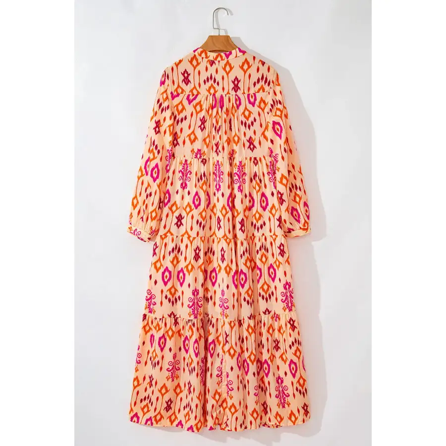 Tiered Printed Notched Long Sleeve Midi Dress