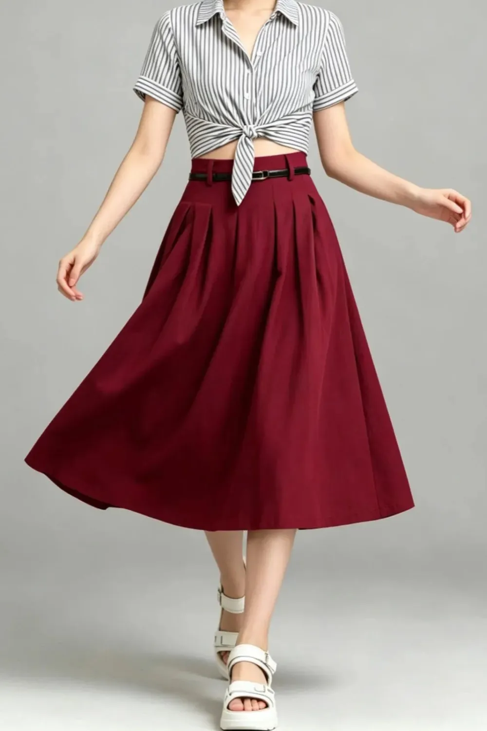 Artful Linen Cotton Pleated A Line High Waist Midi Skirt