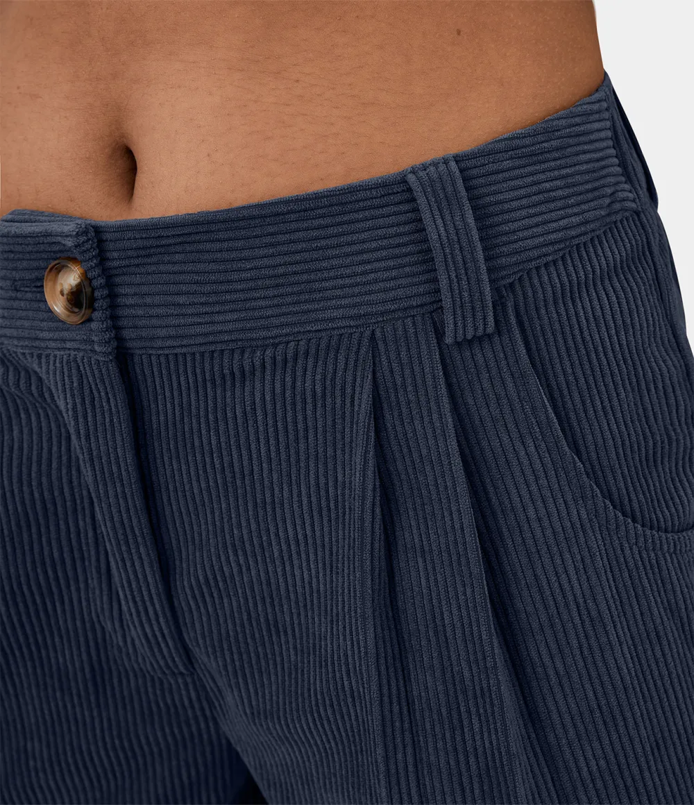 Mid Rise Button Zipper Side Pocket Corduroy Casual Pants