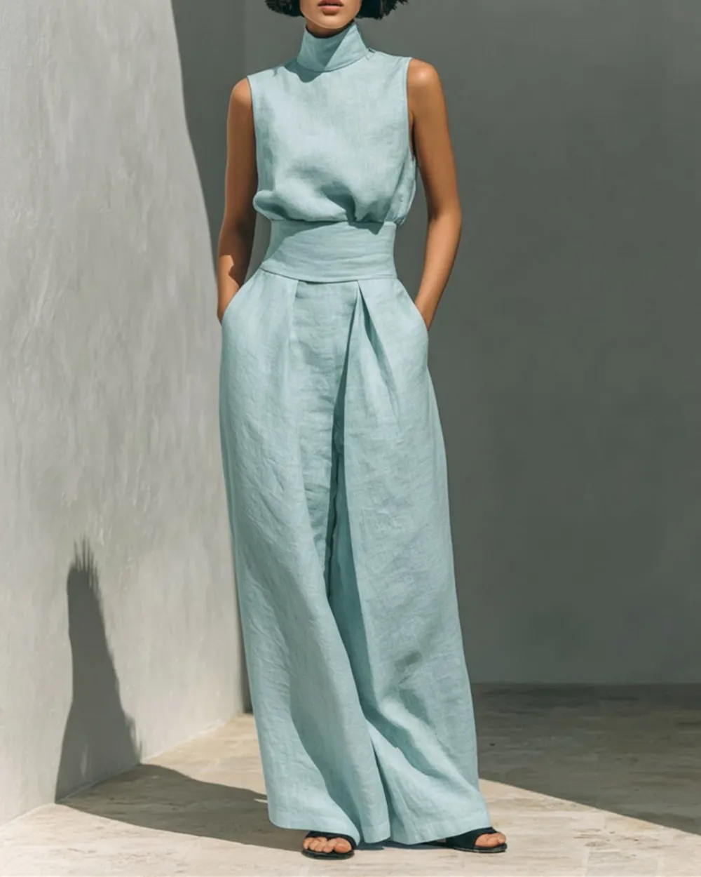 Sleeveless Top Wide Leg Pants Minimalist Two-Piece Outfit