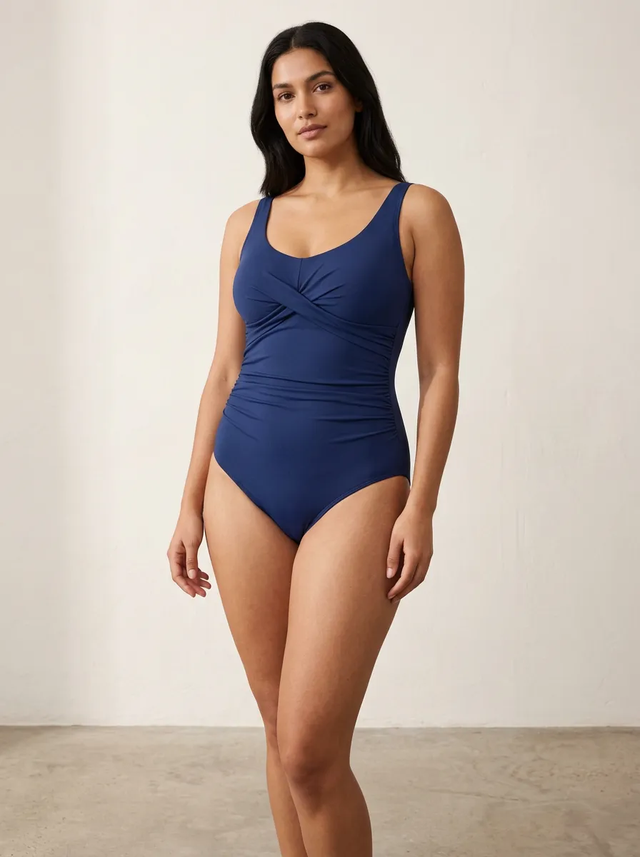 Classic Style Cross-Front Ruched One-Piece Swimsuit