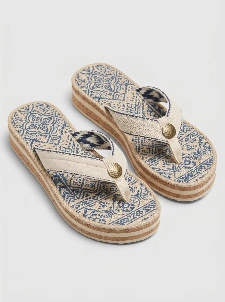 Women's Boho Style Blue Mandala Printed Platform Flip Flops