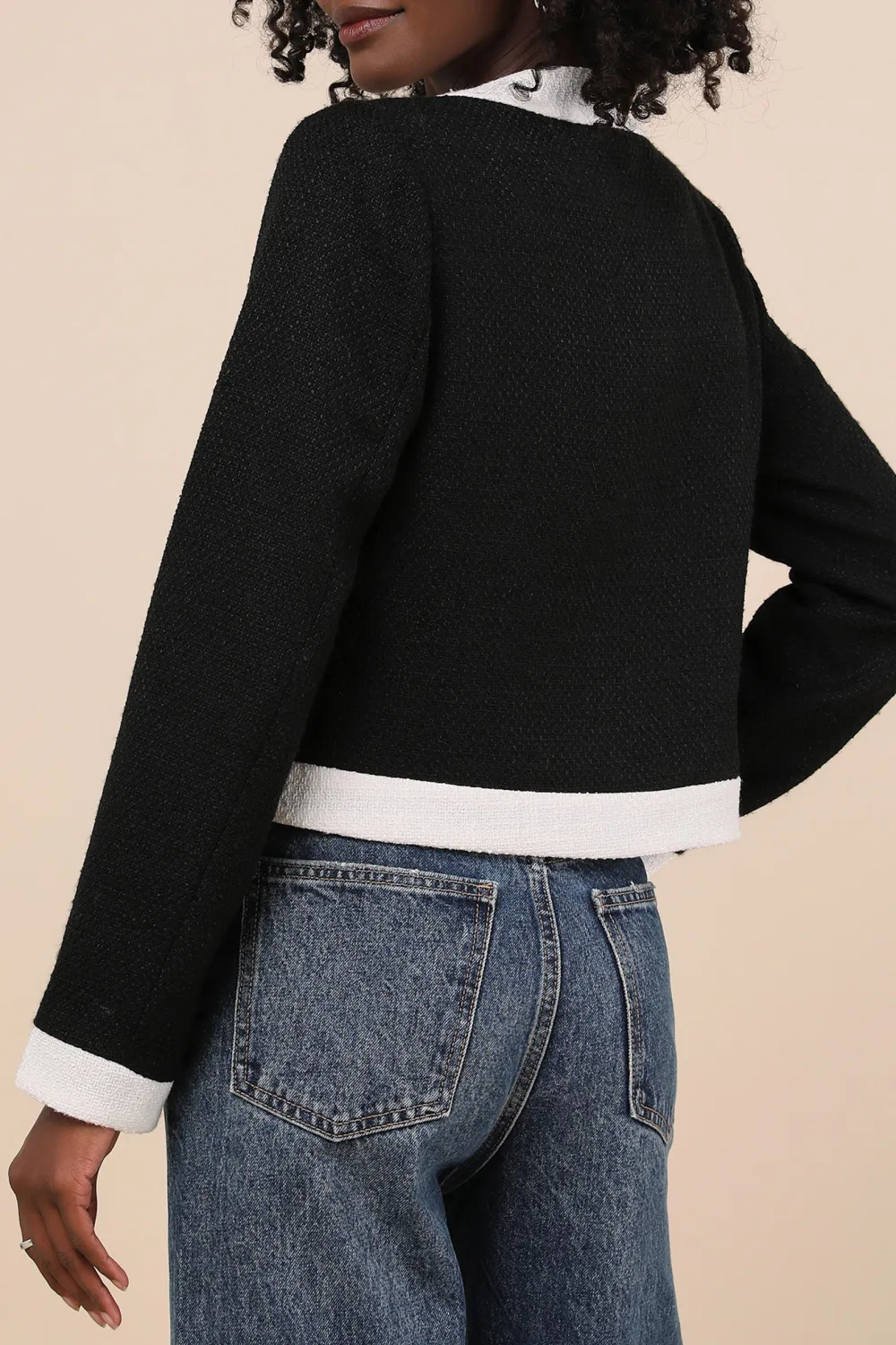 Casual Style Black and White Color Block Tweed Jacket