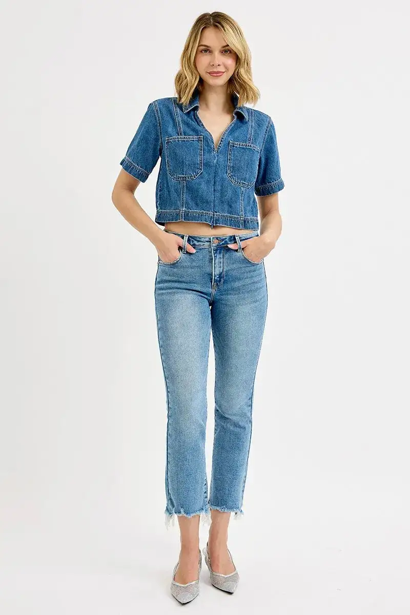 Washed High Waist Straight Leg Denim Jeans