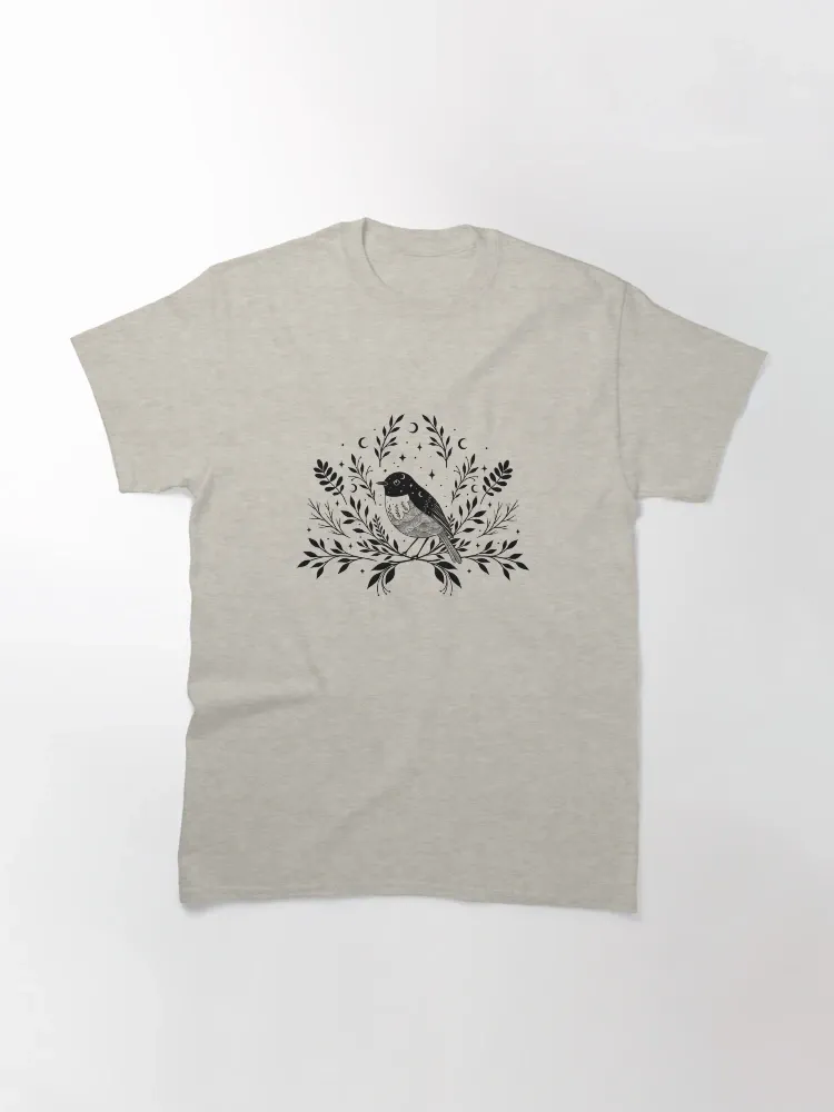 Women's Vintage-Themed Floral Bird Print Crew Neck Short-Sleeve T-Shirt