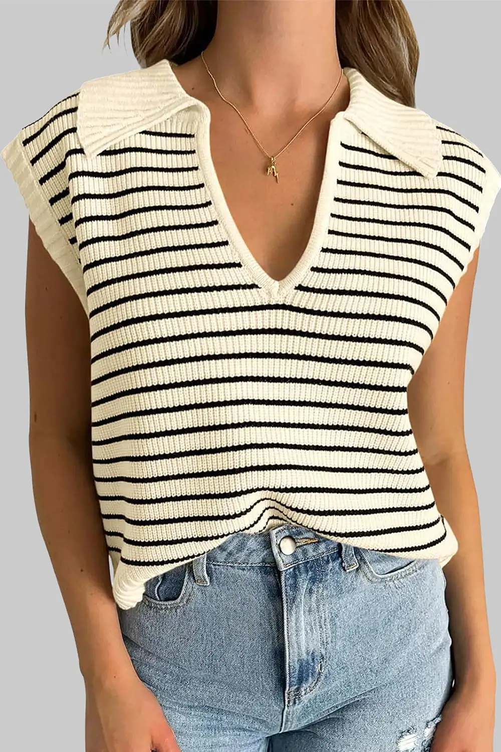 Stripe Turn-Down V-Neck Viscose Blend Knit Tank Top
