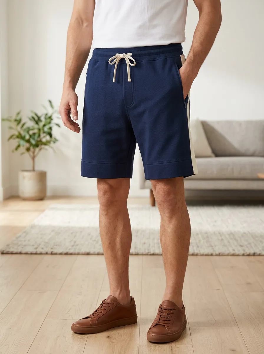 Men's Casual Athletic Navy Blue Side-Stripe Drawstring Shorts