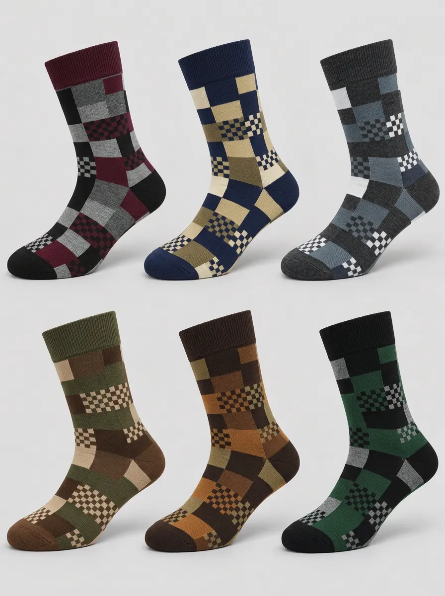Men's Geometric Plaid Pattern Printed Crew Socks 6-Pack