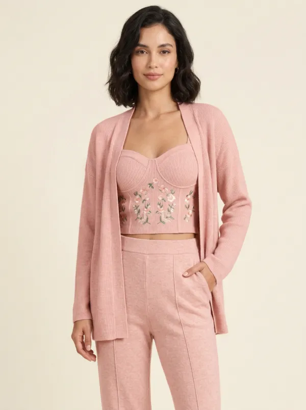 Women's Floral Embroidered Bustier Cardigan and Pants Three-Piece Set