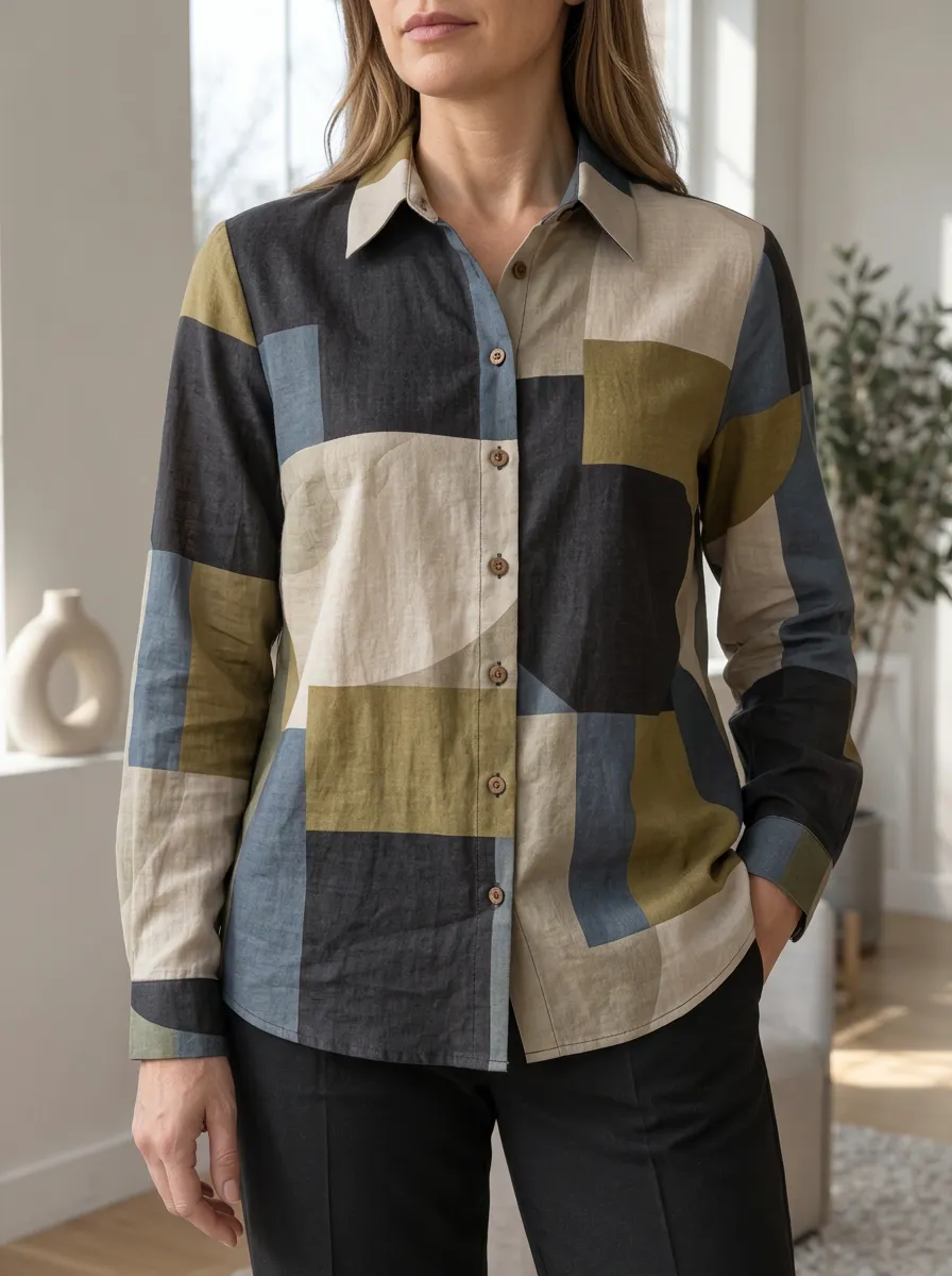 Women's Layered Geometric Abstract Colorblock Shirt