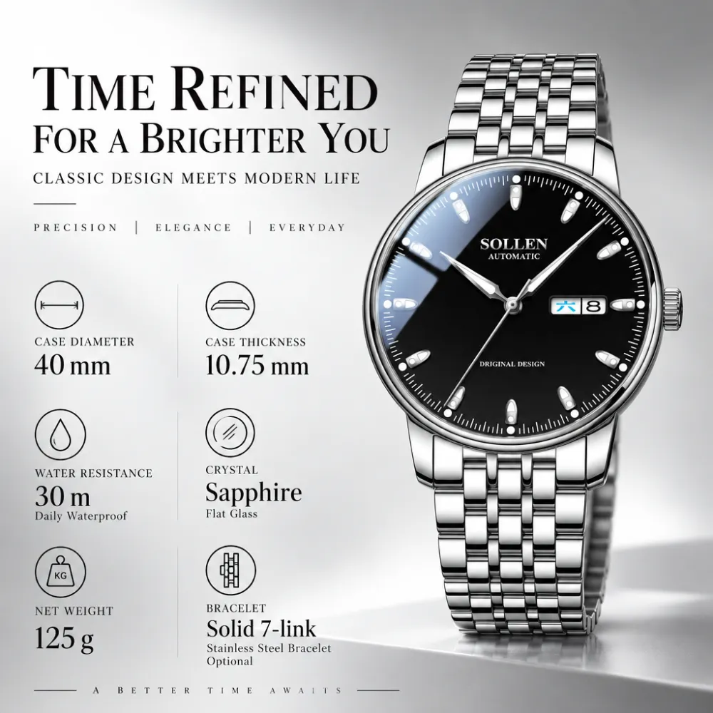 Sollen 9051 Automatic Watch - Men's Full Day Date Sunray Dial 7-Bead Stainless Steel Bracelet Wristwatch