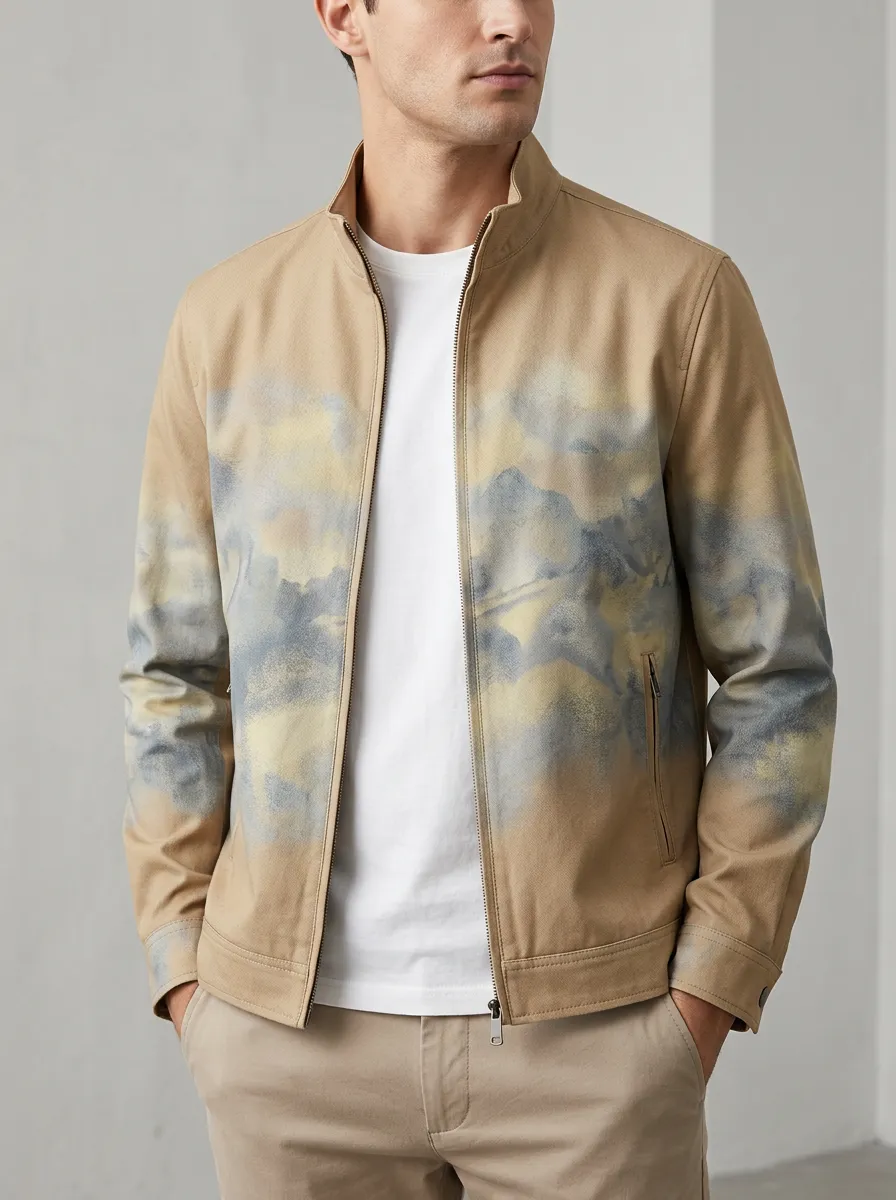 Abstract Print Stand Collar Zip-Up Jacket