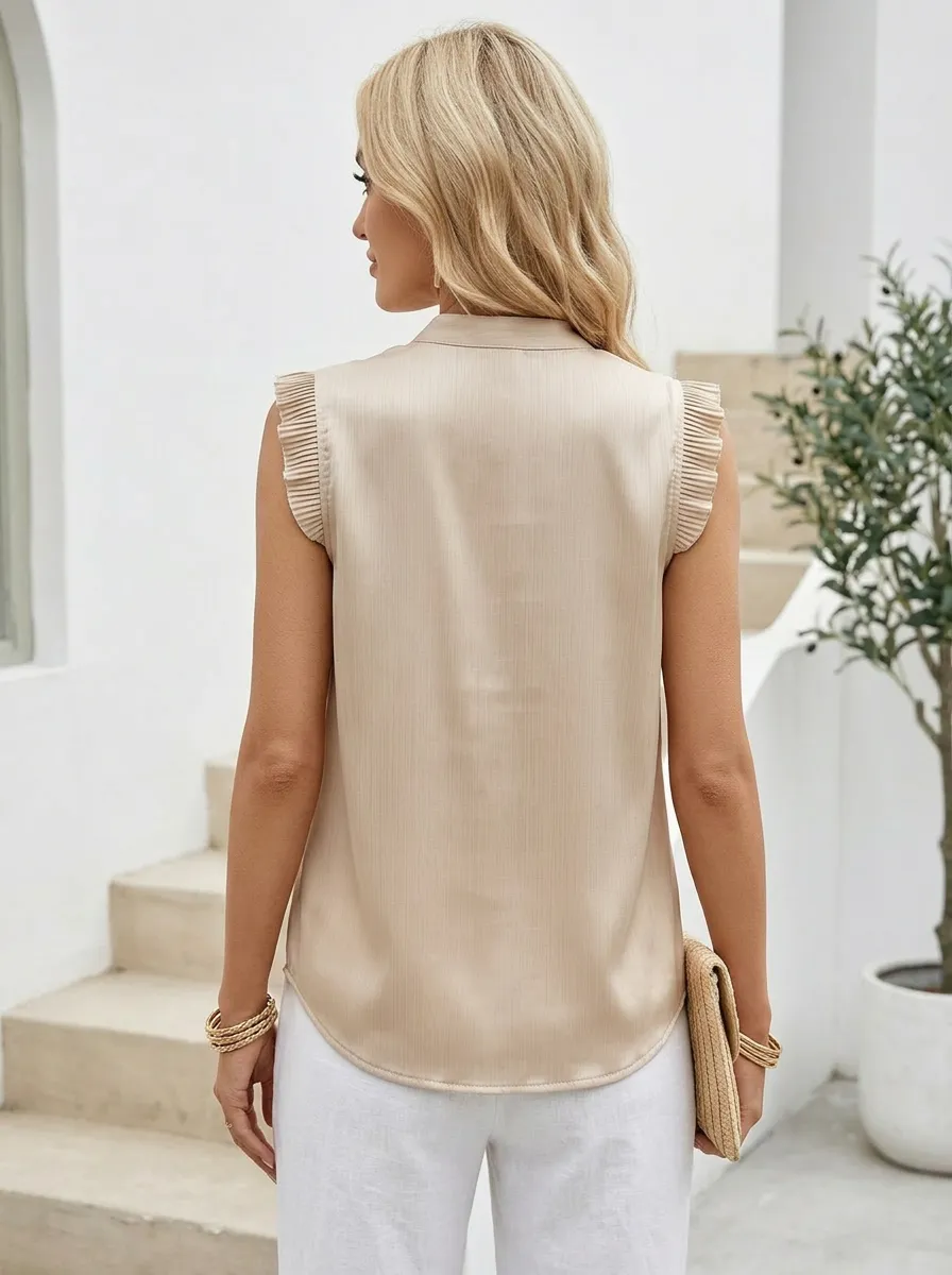 Pleated Trim Button V-Neck Sleeveless Blouse