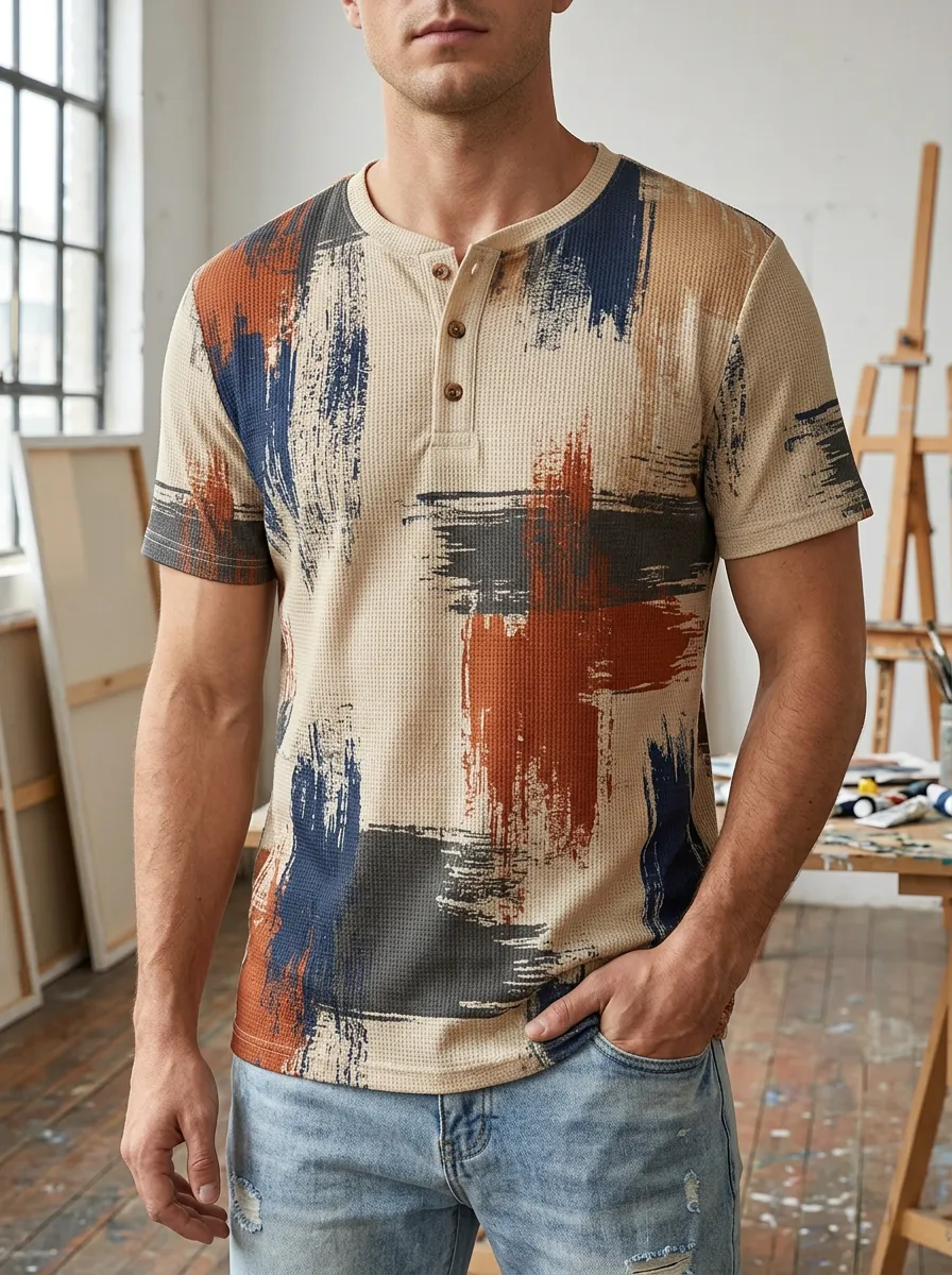 Men's Relaxed Abstract Brushstroke Print Waffle Knit Henley T-Shirt