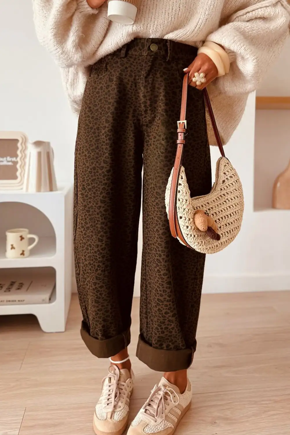 Women's Casual Leopard Print Full Length Regular Fit Jeans