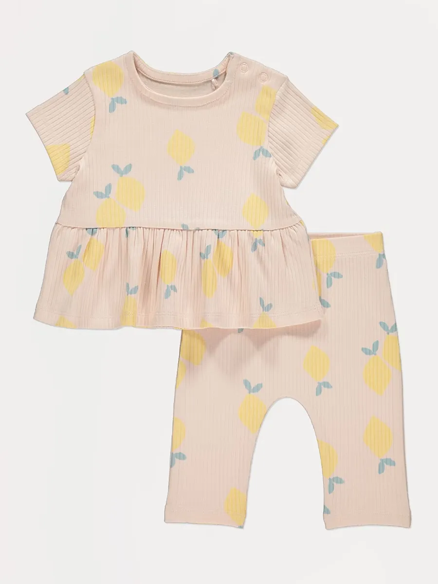 Pink Lemon Print Ribbed Top and Leggings Set