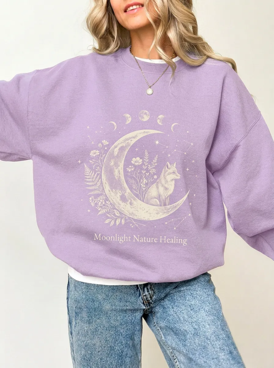 Women's Dark Heather Grey Celestial Fox Moon Floral Crewneck Sweatshirt