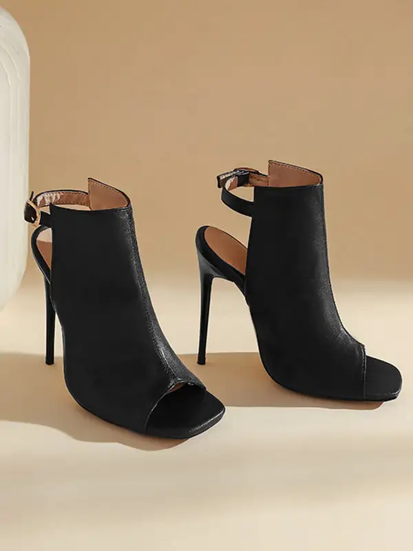 Buckle Peep-Toe Panel Detail Microfiber Heeled Sandals