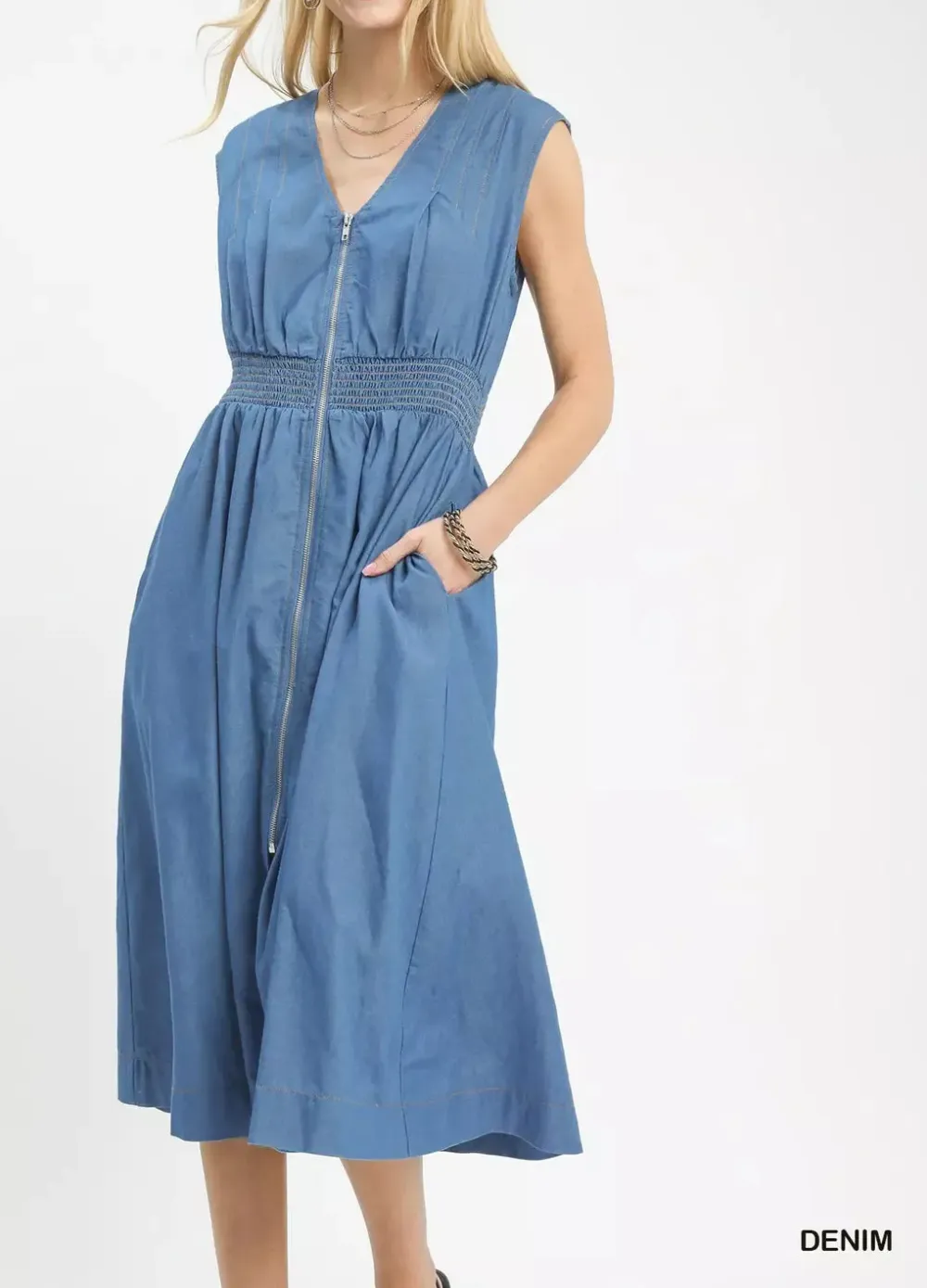 Sleeveless Zip-Front Smocked Waist Midi Dress
